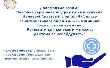 У Решетилівському ліцеї імені І.Л.Олійника збирають кошти для Волкової Анастасії