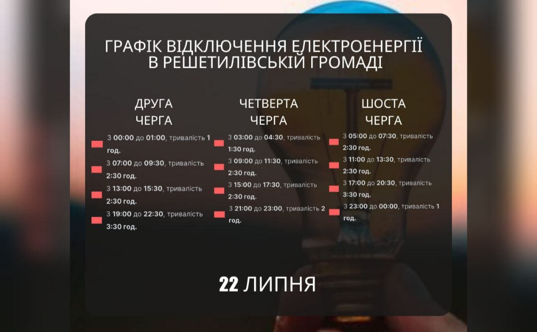 У понеділок вдень світло вимикатимуть за двома графіками