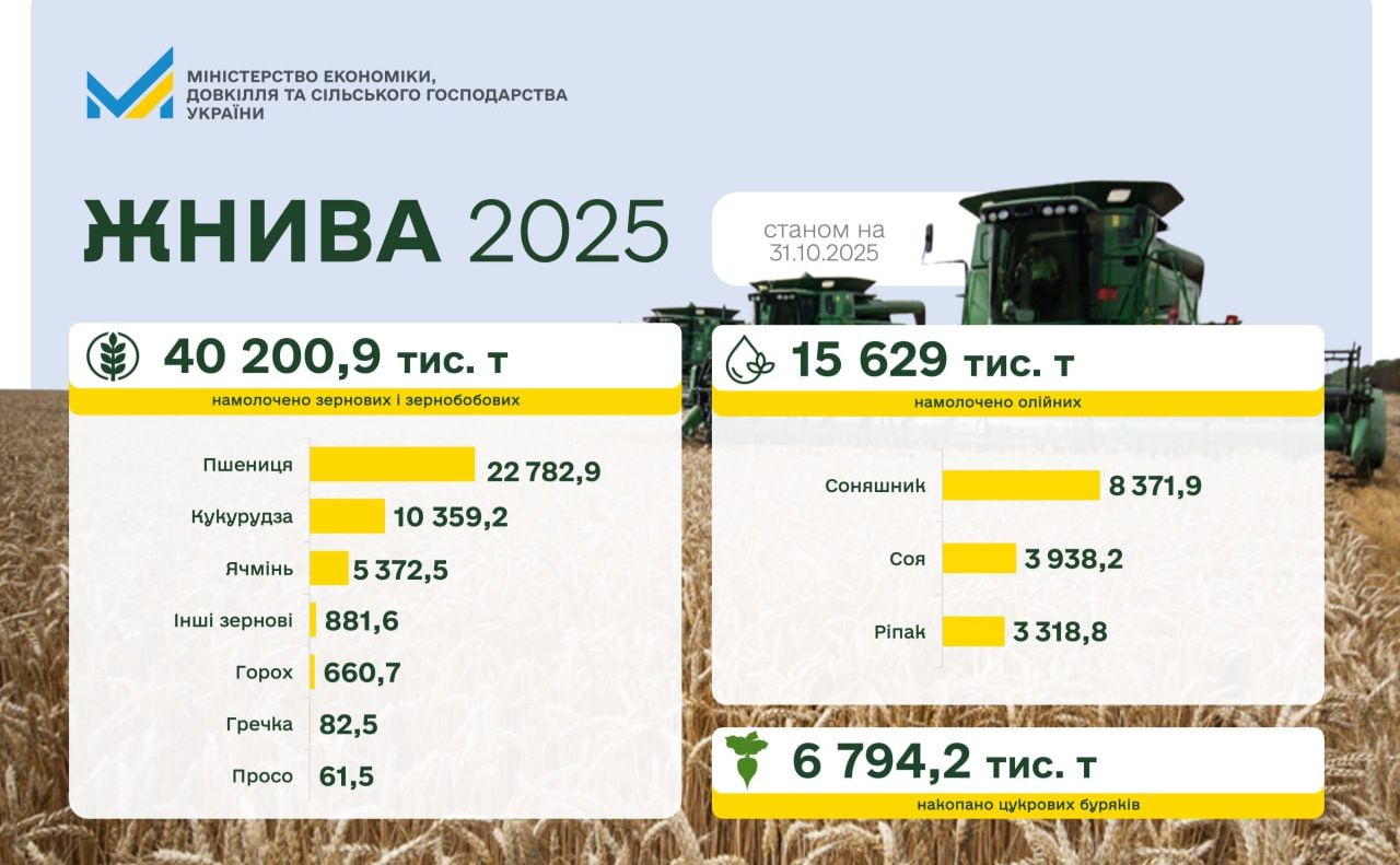 Україна зібрала вже 40 млн тонн зернових та зернобобових та 16 млн тонн олійних культур