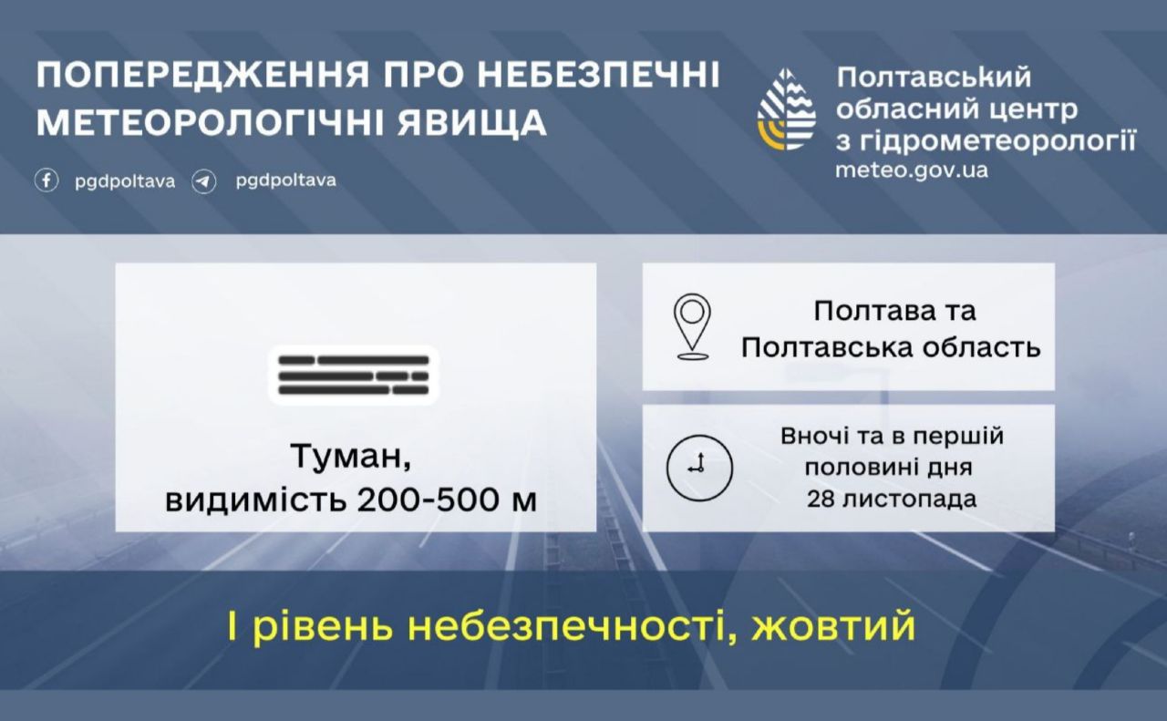 У п’ятницю Полтавщину накриє густий туман