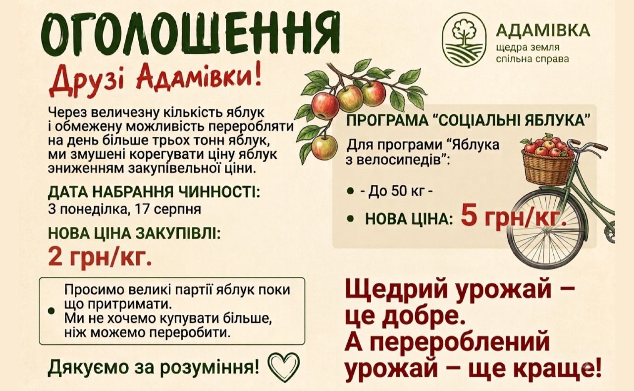 У Решетилівці знизилися закупівельні ціни на гуртові партії яблук